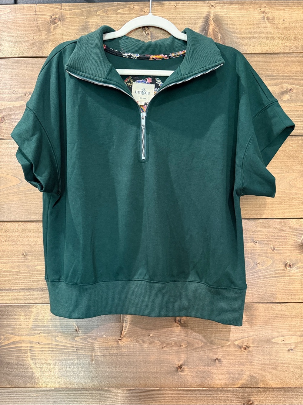 Umgee Dark Green Half-Zip Short Sleeve Pullover